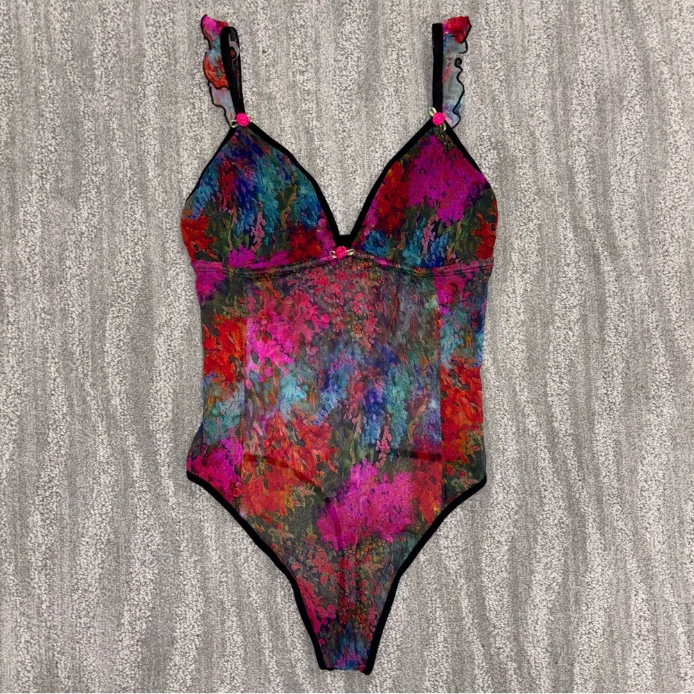 Parade Silky Mesh Flutter Strap Bodysuit Colorful Bow Boho Fairy Women’s Size S